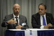 Dr. Mark Brady, Air Force Space Command chief data officer, participates in a panel discussion during the AFSPC Chief Data Office Innovation Summit at Headquarters AFSPC, July 30-31, 2019. Attendees included representatives from the Department of State, NASA, U.S. Strategic Command, Pacific Air Forces and Air Combat Command, as well as the many organizations within AFSPC. (U.S. Air Force photo by Staff Sgt. Justin Armstrong)