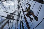 190828-N-UY653-0129rBOSTON (Aug. 28, 2019) Chief petty officer selects, Sailors who have been selected for the paygrade of E-7, participate in a mast climbing evolution during Chief Heritage week aboard the oldest commissioned warship afloat in the world, USS Constitution. During the selectees week spent aboard Constitution, Sailors teach them a variety of time-honored maritime evolutions while living and working aboard the ship. (U.S. Navy photo by Mass Communication Specialist 1st Class Ryan U. Kledzik/Released)