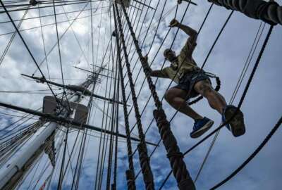 190828-N-UY653-0129rBOSTON (Aug. 28, 2019) Chief petty officer selects, Sailors who have been selected for the paygrade of E-7, participate in a mast climbing evolution during Chief Heritage week aboard the oldest commissioned warship afloat in the world, USS Constitution. During the selectees week spent aboard Constitution, Sailors teach them a variety of time-honored maritime evolutions while living and working aboard the ship. (U.S. Navy photo by Mass Communication Specialist 1st Class Ryan U. Kledzik/Released)
