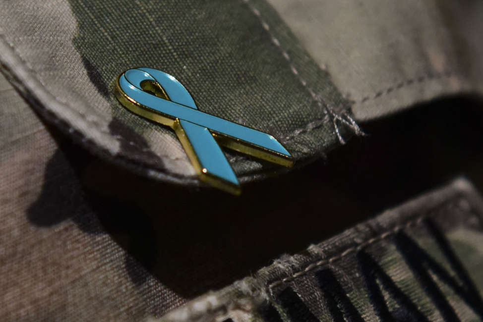 A Sexual Harassment/Assault Response and Prevention Program pin is worn by a U.S. Army Soldier at Joint Base Langley-Eustis, Virginia, April 25, 2018. The SHARP team members aimed to provide a more lighthearted environment for Soldiers to engage in a discussion about sexual assault prevention. (U.S. Air Force photo by Airman 1st Class Monica Roybal)