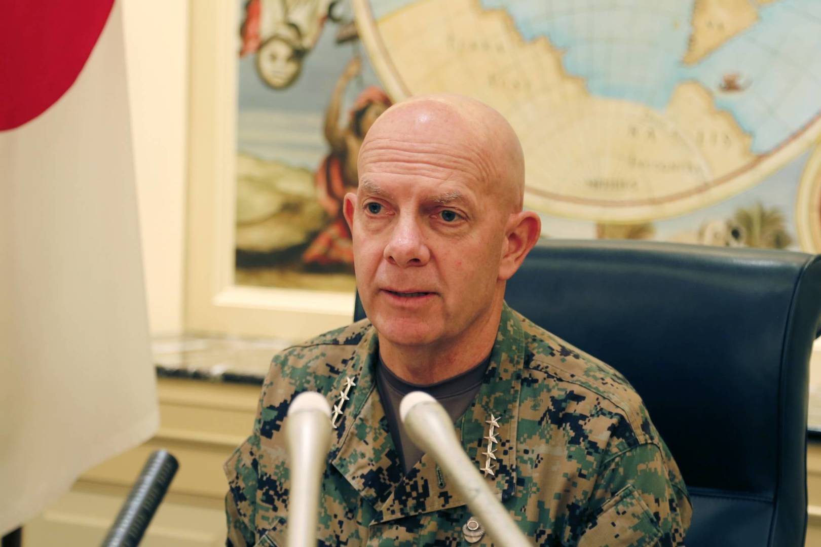 Gen. David Berger, the new U.S. Marines commandant, speaks during a press conference in Tokyo, Wednesday, Aug. 21, 2019. Berger said he is concerned about deteriorating relations between Japan and South Korea, both key regional allies. Berger told reporters that Japan and Korea have common interests despite their differences, such as the threat posed by China, and he hoped politicians will work out a resolution. (AP Photo/Yuri Kageyama)