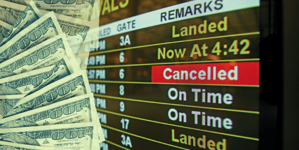 Travel delays, airport, money, dollar bills, flights