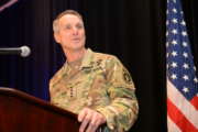 Commander of U.S. Special Operations Command, Army Gen. Richard D. Clarke, gives remarks after assuming command of USSOCOM Mar. 29, 2019, in Tampa, Fla. Clarke becomes the twelfth commander of USSOCOM.  (Photo by U.S. Air Force Master Sgt. Barry Loo)