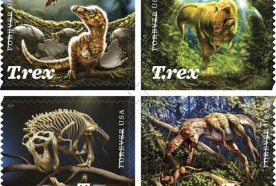 This photo provided by the U.S. Postal Service shows the Tyrannosaurus Rex Forever Stamps. A federal appeals court in Washington has thrown out a 5-cent hike to the price of a first class “Forever Stamp” along with other adjustments made in January to the price of first-class mail, (U.S. Postal Service via AP)