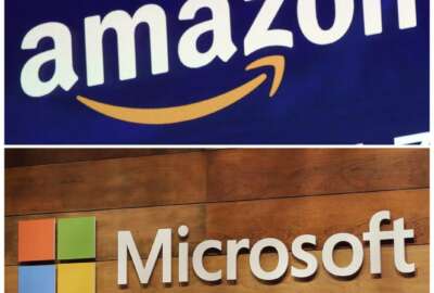 FILE - This combination of file photos shows the logos for Amazon, top, and Microsoft. . Amazon is protesting the Pentagon’s decision to award a huge cloud-computing contract to Microsoft, citing “unmistakable bias” in the decision. Amazon’s competitive bid for the “war cloud” drew criticism from President Donald Trump and its business rivals. (AP Photo/Richard Drew and Ted S. Warren, File)