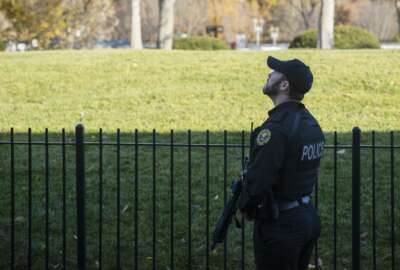 A uniformed Secret Service Officer patrols the White House grounds during a lockdown due to an airspace violation, Tuesday, Nov. 26, 2019, in Washington. (AP Photo/ Evan Vucci)