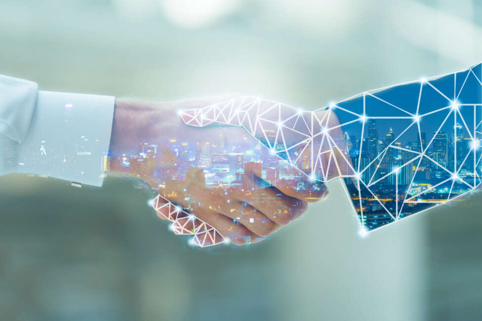 Professional teamwork and network connection technology concept, Double exposure of arab Business man handshake to his business partner with digital graphic against city night background in meeting