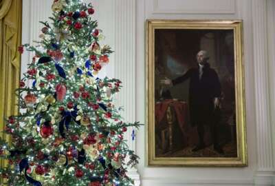A decorated tree stands next to the portrait of President George Washington in the East Room during the 2019 Christmas preview at the White House, Monday, Dec. 2, 2019, in Washington. (AP Photo/Alex Brandon)