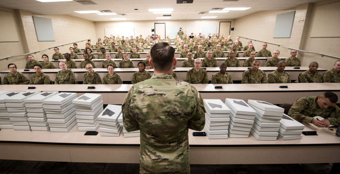 U.S. Air Force basic military training trainees are issued

personal computers during in-processing as part of a pilot test under a

Cooperative Research and Development Agreement partnership at Joint Base San

Antonio-Lackland, Texas, Dec. 11, 2019. The computers replace all hard copy

textbooks BMT trainees currently use with the intent to help BMT assess

learning outcomes, value and return on investment. (U.S. Air Force photo by Sarayuth Pinthong)