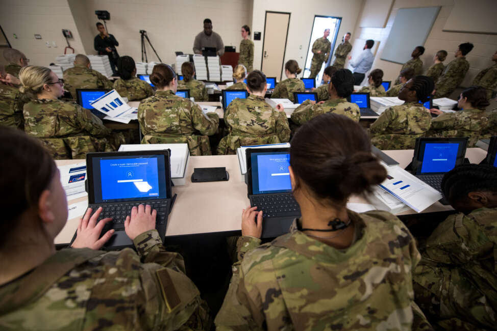 U.S. Air Force basic military training trainees are issued

personal computers during in-processing as part of a pilot test under a

Cooperative Research and Development Agreement partnership at Joint Base San

Antonio-Lackland, Texas, Dec. 11, 2019. The computers replace all hard copy

textbooks BMT trainees currently use with the intent to help BMT assess

learning outcomes, value and return on investment. (U.S. Air Force photo by Sarayuth Pinthong)