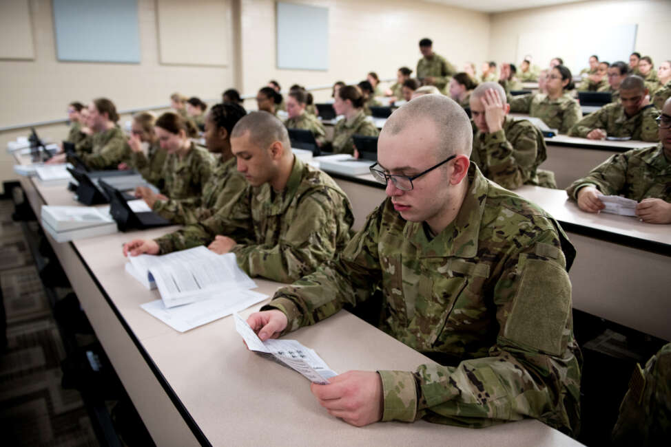 U.S. Air Force basic military training trainees are issued

personal computers during in-processing as part of a pilot test under a

Cooperative Research and Development Agreement partnership at Joint Base San

Antonio-Lackland, Texas, Dec. 11, 2019. The computers replace all hard copy

textbooks BMT trainees currently use with the intent to help BMT assess

learning outcomes, value and return on investment. (U.S. Air Force photo by Sarayuth Pinthong)