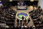 Navy Vice Adm. Charles "Chas" A. Richard assumes command of the U.S. Strategic Command from Air Force Gen. John Hyten during a change-of-command ceremony at Offutt Air Force Base, Neb., Nov. 18, 2019. Richard comes to USSTRATCOM after serving as the commander of Submarine Forces; commander of Submarine Force Atlantic and commander of Allied Submarine Command at Naval Station Norfolk, Va. USSTRATCOM has global responsibilities assigned through the Unified Command Plan that include strategic deterrence, nuclear operations, joint electromagnetic spectrum operations, global strike, missile defense, and analysis and targeting. (U.S. Air Force photo by Master Sgt. April Wickes)