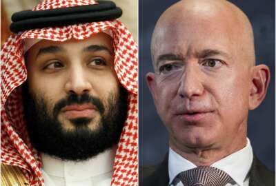 This combination of photos shows Saudi Arabia's Crown Prince Mohammed bin Salman in Jeddah, Saudi Arabia, on June 24, 2019 and Jeff Bezos, Amazon founder and CEO, in Washington, on Sept. 13, 2018. Cybersecurity experts said Thursday, Jan. 23, 2020, there are many questions still unanswered from an investigation commissioned by Bezos that said the billionaire's phone was hacked, apparently after receiving a video file with malicious spyware from the WhatsApp account of the crown prince. (AP Photo)