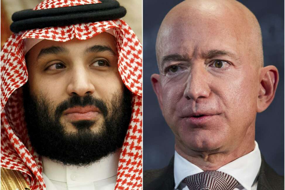 This combination of photos shows Saudi Arabia's Crown Prince Mohammed bin Salman in Jeddah, Saudi Arabia, on June 24, 2019 and Jeff Bezos, Amazon founder and CEO, in Washington, on Sept. 13, 2018. Cybersecurity experts said Thursday, Jan. 23, 2020, there are many questions still unanswered from an investigation commissioned by Bezos that said the billionaire's phone was hacked, apparently after receiving a video file with malicious spyware from the WhatsApp account of the crown prince. (AP Photo)