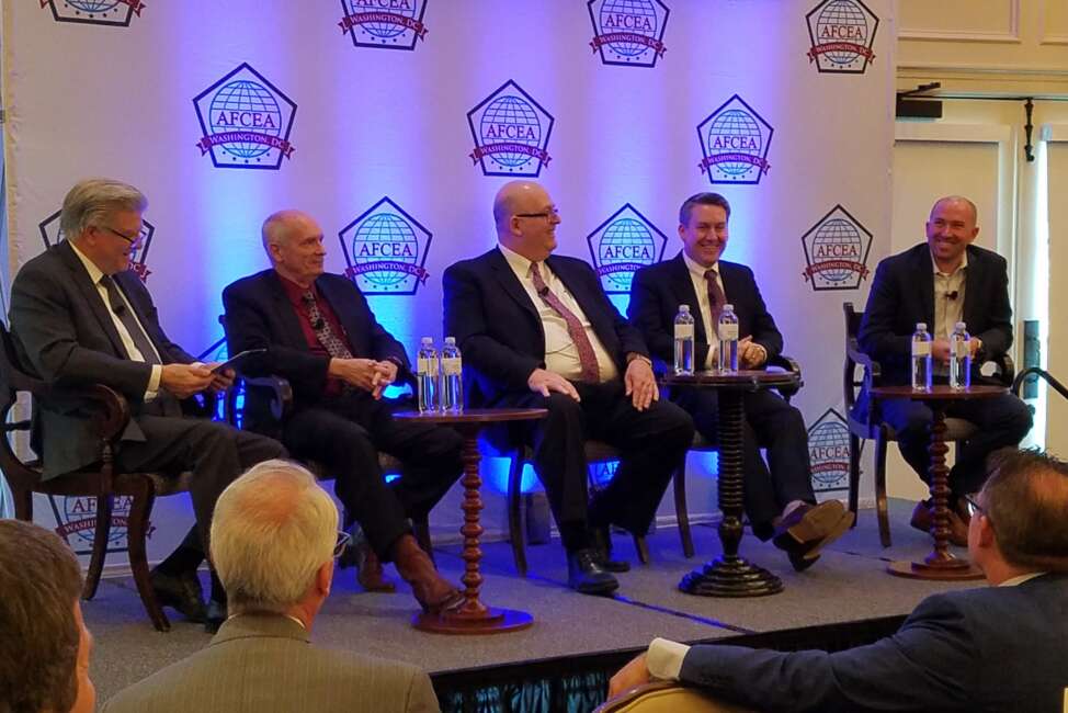 DISA executives (from left) Tony Montemarano, Dave Bennett, Roger Greenwell, Jason Martin and Steve Wallace, spoke at the AFCEA DC lunch on Jan. 15. (Photo courtesy DISA)