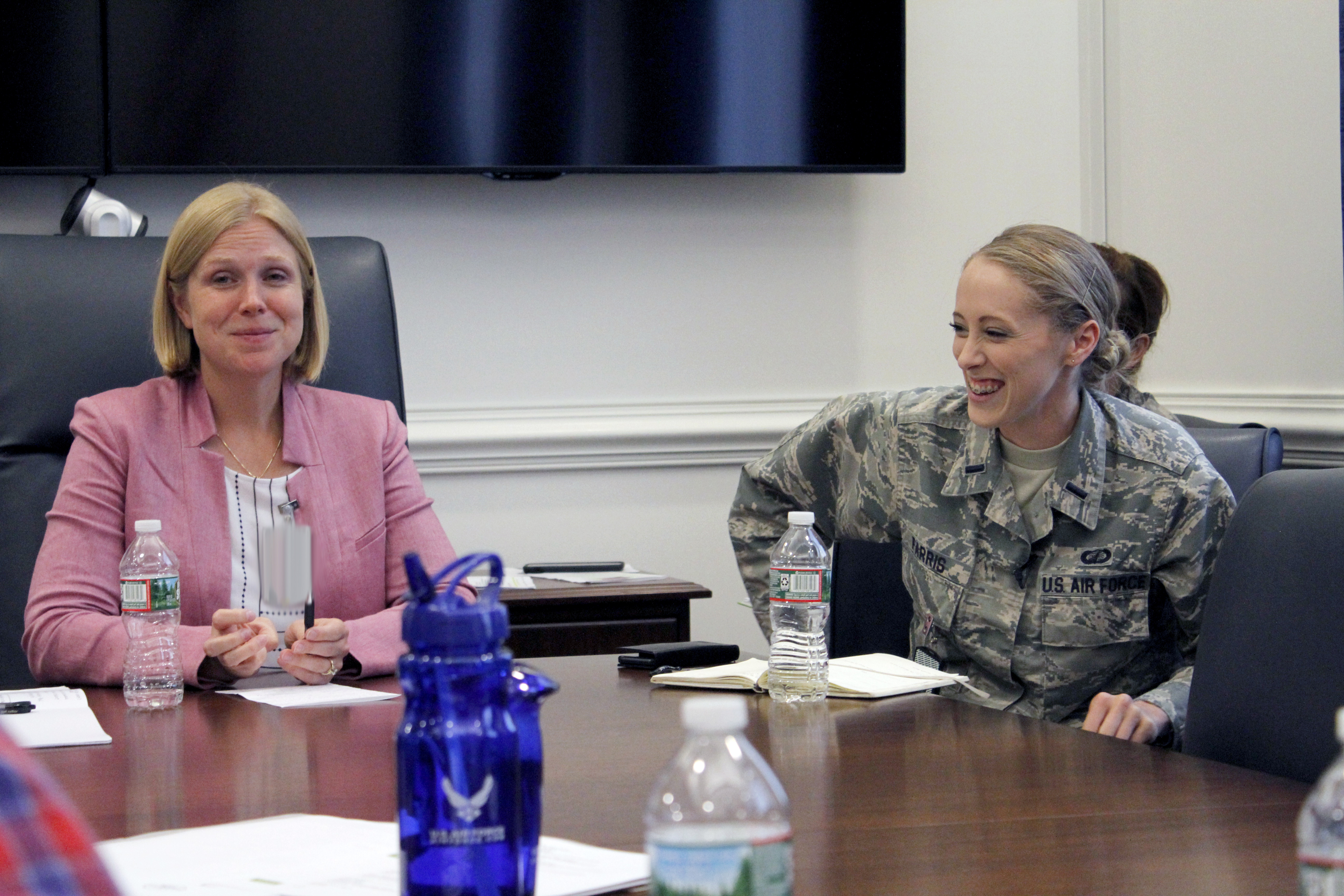 (From left to right) Lauren Knausenberger, director of Cyberspace Innovation, and 1st Lt. Jessica Farris, program manager and engineer, Lifecycle Management Center, Agile Combat Systems Directorate, participate in a women in technology panel during the Air Force Conference, also known as AFCON, at the Pentagon, July 19. AFCON is a one-day immersion into Air Force technology, culture and operations designed for long-form storytellers who typically do not cover the military.