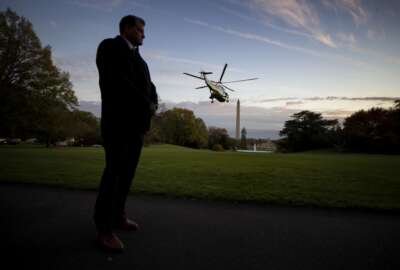 FIlE - In this Nov. 14, 2019, file photo a U.S. Secret Service special agent stands as Marine One, with President Donald Trump aboard, lifts off from the South Lawn of the White House in Washington. The White House is throwing its support behind a plan to relocate the U.S. Secret Service in order to better focus on the growing threat of online financial crimes. Shifting the agency from within the Department of Homeland Security to the Treasury Department would require action from Congress. (AP Photo/Alex Brandon, File)