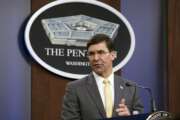 FILE - In this Jan. 27, 2020 file photo, Secretary of Defense Mark Esper speaks during a news conference at the Pentagon in Washington.  Esper said Tuesday he is looking to NATO allies for more help countering the Islamic State extremist group in Iraq and in bolstering U.S. defense efforts in the Middle East more broadly. (AP Photo/Jose Luis Magana)