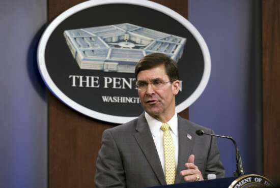 FILE - In this Jan. 27, 2020 file photo, Secretary of Defense Mark Esper speaks during a news conference at the Pentagon in Washington.  Esper said Tuesday he is looking to NATO allies for more help countering the Islamic State extremist group in Iraq and in bolstering U.S. defense efforts in the Middle East more broadly. (AP Photo/Jose Luis Magana)