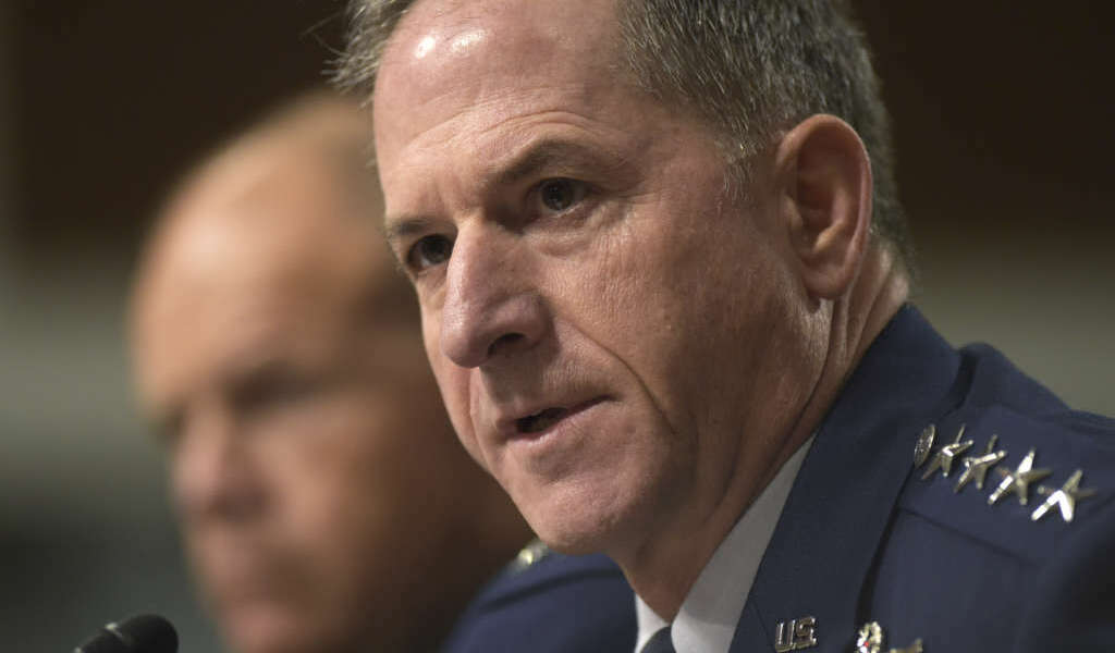 Air Force Chief of Staff Gen. David Goldfein, right, sitting next to Marine Corps Commandant Gen. Robert B. Neller, testifies on Capitol Hill in Washington, Thursday, Sept. 15, 2016, before the Senate Armed Services Committee hearing on long-term budgetary challenges. (AP Photo/Susan Walsh)