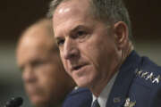 Air Force Chief of Staff Gen. David Goldfein, right, sitting next to Marine Corps Commandant Gen. Robert B. Neller, testifies on Capitol Hill in Washington, Thursday, Sept. 15, 2016, before the Senate Armed Services Committee hearing on long-term budgetary challenges. (AP Photo/Susan Walsh)