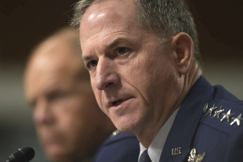 Air Force Chief of Staff Gen. David Goldfein, right, sitting next to Marine Corps Commandant Gen. Robert B. Neller, testifies on Capitol Hill in Washington, Thursday, Sept. 15, 2016, before the Senate Armed Services Committee hearing on long-term budgetary challenges. (AP Photo/Susan Walsh)