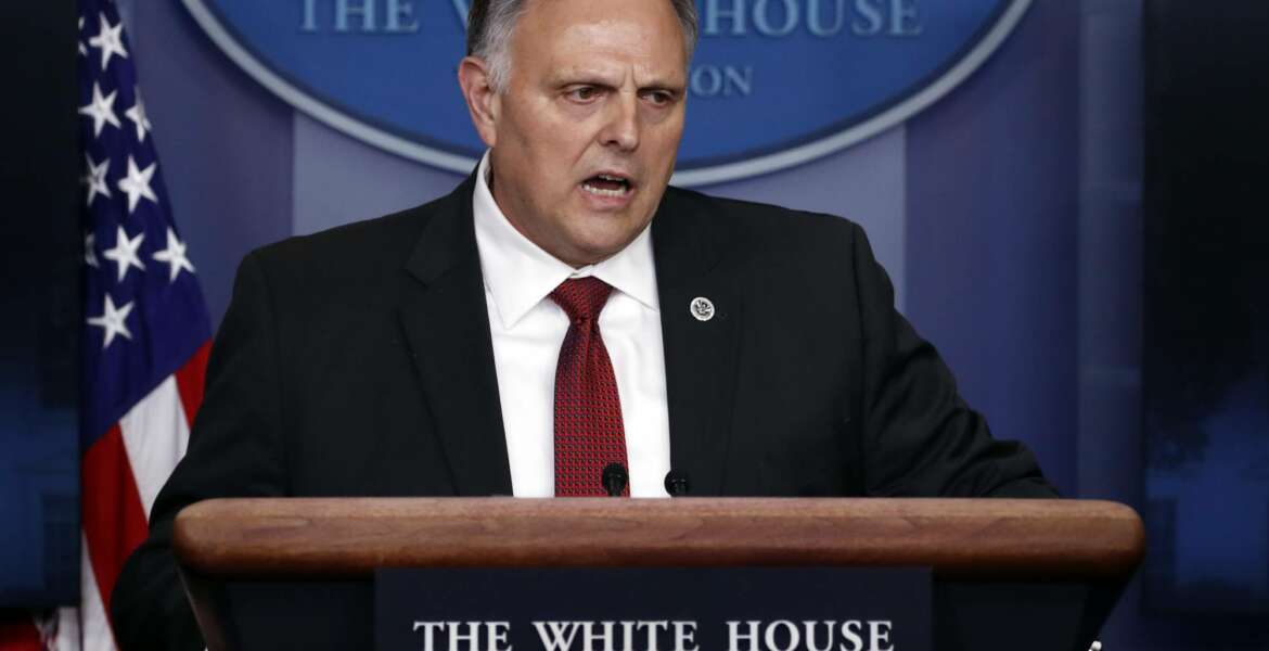 Bill Bryan, head of science and technology at the Department of Homeland Security, speaks about the coronavirus in the James Brady Press Briefing Room of the White House, Thursday, April 23, 2020, in Washington. (AP Photo/Alex Brandon)