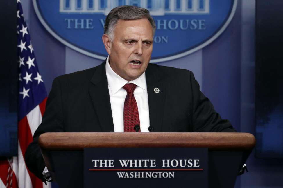 Bill Bryan, head of science and technology at the Department of Homeland Security, speaks about the coronavirus in the James Brady Press Briefing Room of the White House, Thursday, April 23, 2020, in Washington. (AP Photo/Alex Brandon)