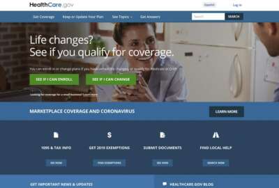In this image provided by U.S. Centers for Medicare & Medicaid Service, the website for HealthCare.gov is seen. The Trump administration’s opposition to “Obamacare” could become an obstacle to helping millions of uninsured people in the coronavirus outbreak, as well as many workers who are losing coverage because of the economic shutdown. Experts say the Affordable Care Act’s insurance markets provide an infrastructure for extending subsidized private coverage in every state. (U.S. Centers for Medicare & Medicaid Service via AP)