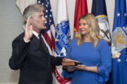 Retired Navy Rear Adm. Kenneth Braithwaite takes the oath as Secretary of the Navy, May 29, 2020 in the Pentagon.  (DoD photo by Marvin Lynchard)