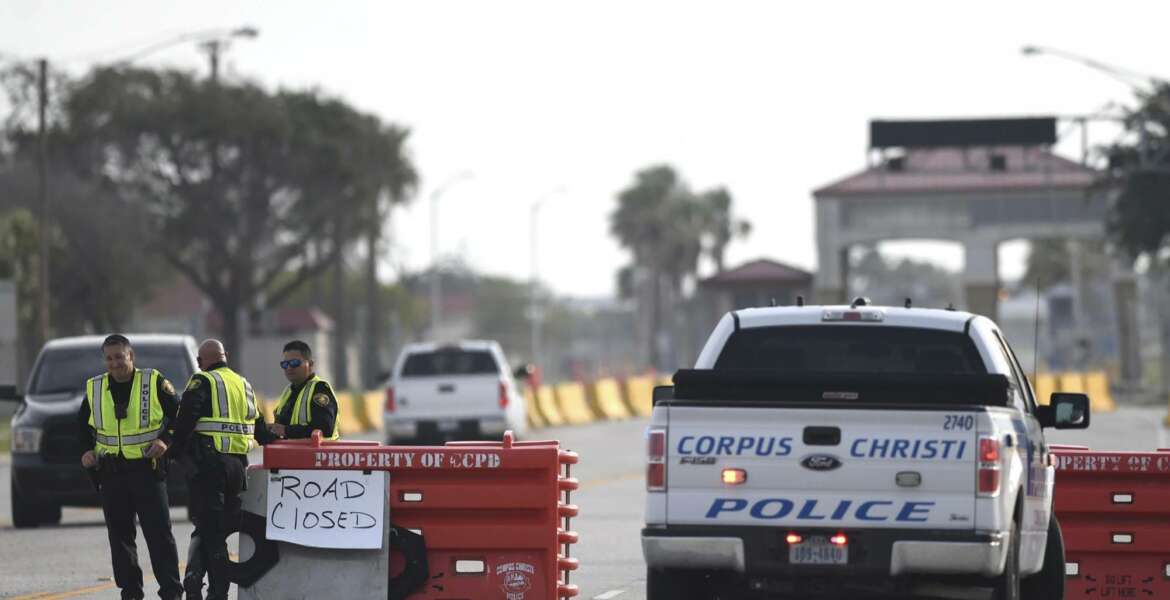 The entrances to the Naval Air Station-Corpus Christi are closed following an active shooter threat, Thursday, May 21, 2020, in Corpus Christi, Texas. Naval Air Station-Corpus Christi says the shooter was 