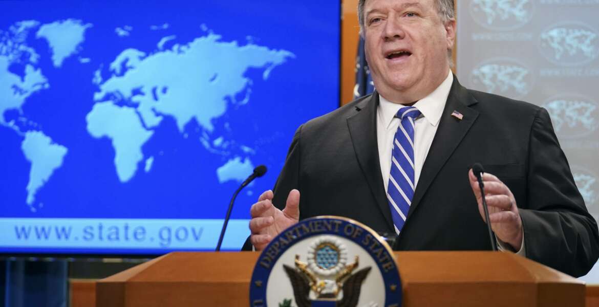 Secretary of State Mike Pompeo speaks about the coronavirus during news conference at the State Department in Washington on Wednesday, May 6, 2020. (Kevin Lamarque/Pool Photo via AP)