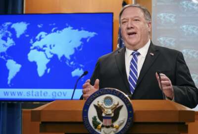 Secretary of State Mike Pompeo speaks about the coronavirus during news conference at the State Department in Washington on Wednesday, May 6, 2020. (Kevin Lamarque/Pool Photo via AP)