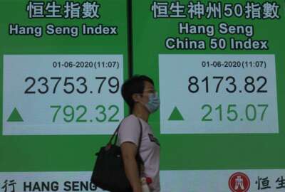 A woman wearing a face mask walks past a bank electronic board showing the Hong Kong share index at Hong Kong Stock Exchange Monday, June 1, 2020. Asian stock markets have rebounded after U.S. President Donald Trump avoided reigniting a trade war with China amid tension. (AP Photo/Vincent Yu)