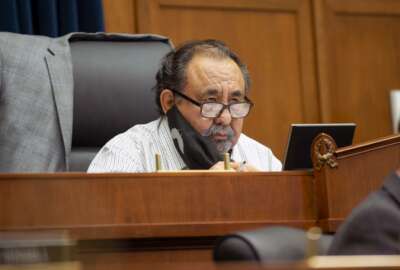 Committee Chairman Rep. Raul Grijalva, D-Ariz., speaks Monday, June 29, 2020, on Capitol Hill in Washington, during the House Natural Resources Committee hearing on the police response in Lafayette Square. (Bonnie Cash/Pool via AP)