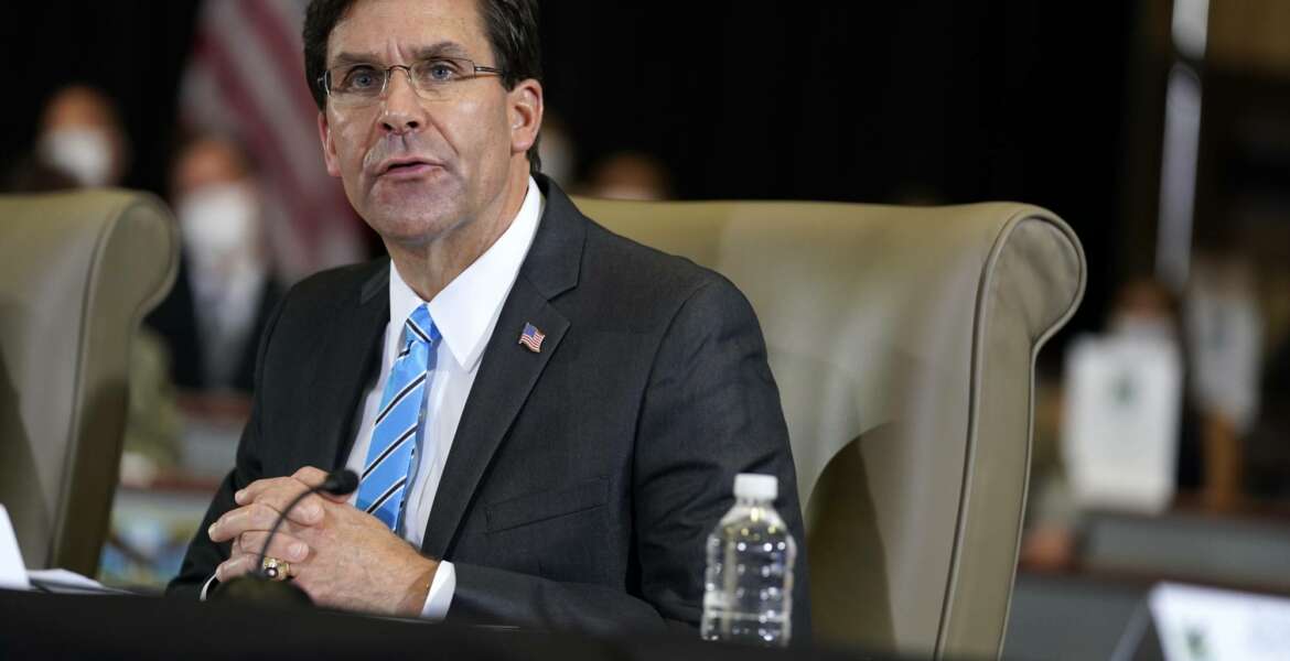 Defense Secretary Mark Esper speaks during a briefing on counternarcotics operations at U.S. Southern Command, Friday, July 10, 2020, in Doral, Fla. (AP Photo/Evan Vucci)