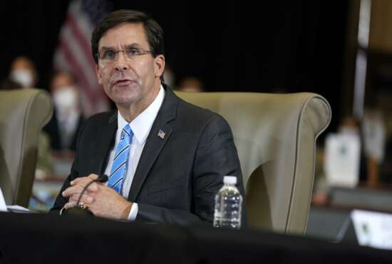 Defense Secretary Mark Esper speaks during a briefing on counternarcotics operations at U.S. Southern Command, Friday, July 10, 2020, in Doral, Fla. (AP Photo/Evan Vucci)