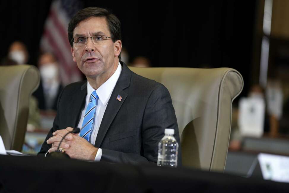 Defense Secretary Mark Esper speaks during a briefing on counternarcotics operations at U.S. Southern Command, Friday, July 10, 2020, in Doral, Fla. (AP Photo/Evan Vucci)