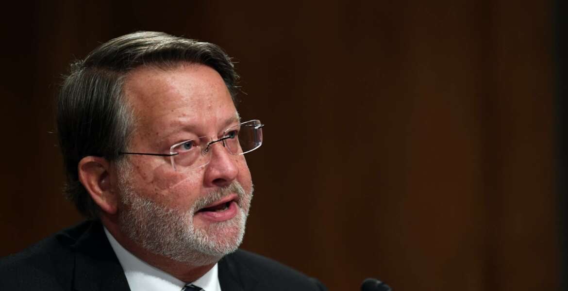 Senator Gary Peters, D-Mich., questions Department of Homeland Security Acting Secretary Chad Wolf during a Senate Homeland Security and Governmental Affairs Committee hearing to examine Department of Homeland Security personnel deployments to recent protests on Thursday, Aug. 6, 2020, in Washington. (Toni Sandys/The Washington Post via AP, Pool)