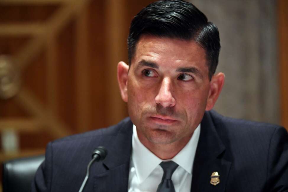 Department of Homeland Security Acting Secretary Chad Wolf appears during a Senate Homeland Security and Governmental Affairs Committee hearing to examine Department of Homeland Security personnel deployments to recent protests on Thursday, Aug. 6, 2020, in Washington. (Toni Sandys/The Washington Post via AP, Pool)