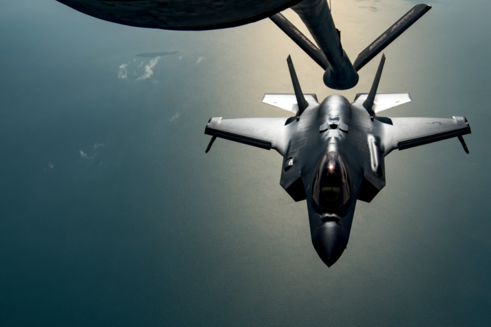 An F-35A Lightning II assigned to the 34th Expeditionary Fighter Squadron departs after conducting an aerial refueling.