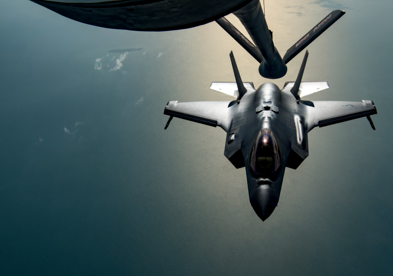 An F-35A Lightning II assigned to the 34th Expeditionary Fighter Squadron departs after conducting an aerial refueling.