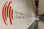 FILE - The U.S. Agency for Global Media logo at Voice of America, in Washington, D.C., November 22, 2019. (VOA)
