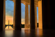 Early morning summer sunrise as seen from the Lincoln Memorial while looking toward the Washington Monument in Washington, DC.