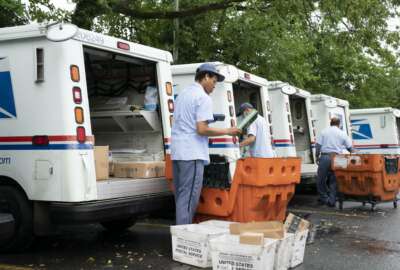 FILE - In this July 31, 2020, file photo, letter carriers load mail trucks for deliveries at a U.S. Postal Service facility in McLean, Va. A U.S. judge on Thursday, Sept. 17, 2020, blocked controversial Postal Service changes that have slowed mail nationwide. The judge called them 