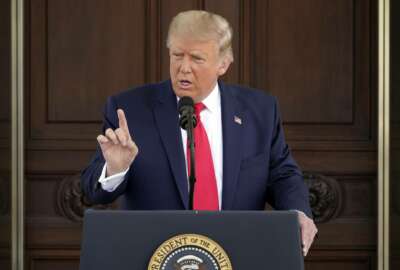 President Donald Trump speaks during a news conference on the North Portico of the White House, Monday, Sept. 7, 2020, in Washington. (AP Photo/Patrick Semansky)