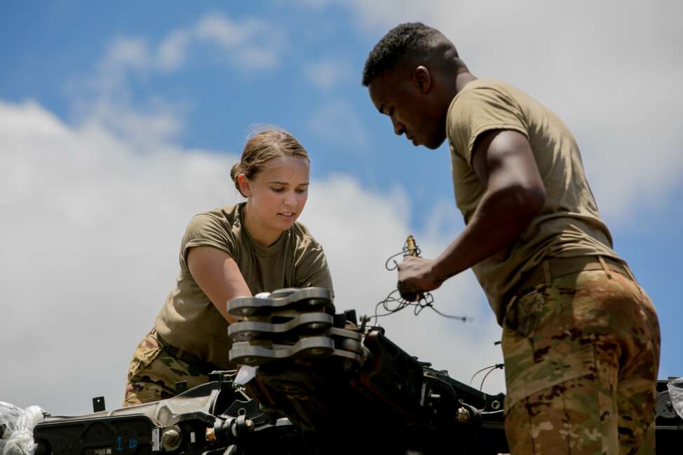 U.S. Army Pfc. Tess Sandoval assigned to 2nd Squadron, 6th Calvary Regiment, 25th Combat Aviation Brigade is one of two female attack helicopter repairers in the squadron located on Wheeler Army Airfield, Hawaii, Aug. 25, 2019. (Photo Credit: 1st Lt. Ryan DeBooy)