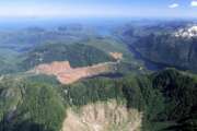 FILE - This 1990 aerial file photo, shows a section of the Tongass National Forest in Alaska that has patches of bare land where clear-cutting has occurred. The U.S. Forest Service announced plans Wednesday, Oct. 28, 2020, to lift restrictions on road building and logging in Tongass National Forest, a largely pristine rainforest in southeast Alaska that provides habitat for wolves, bears and salmon. Conservation groups vowed to fight the decision. (Hall Anderson/Ketchikan Daily News via AP, File)