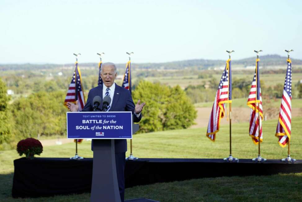 Democratic presidential candidate former Vice President Joe Biden speaks at Gettysburg National Military Park in Gettysburg, Pa., Tuesday, Oct. 6, 2020. (AP Photo/Andrew Harnik)