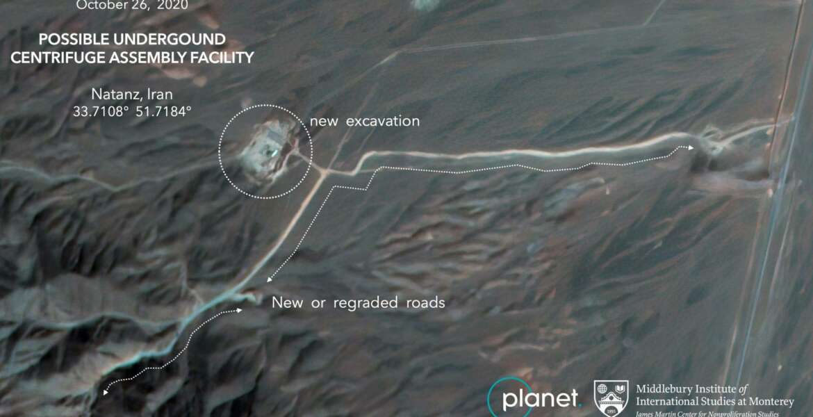 This Monday, Oct. 26, 2020, satellite image from Planet Labs Inc. that has been annotated by experts at the James Martin Center for Nonproliferation Studies at Middlebury Institute of International Studies shows construction at Iran's Natanz uranium-enrichment facility that experts believe may be a new, underground centrifuge assembly plant. Satellite photos show Iran has begun construction at its Natanz nuclear facility. That's after the head of the U.N.’s nuclear agency acknowledged Tehran is building an underground advanced centrifuge assembly plant after its last one exploded in a reported sabotage attack last summer. (Planet Labs Inc. via AP)